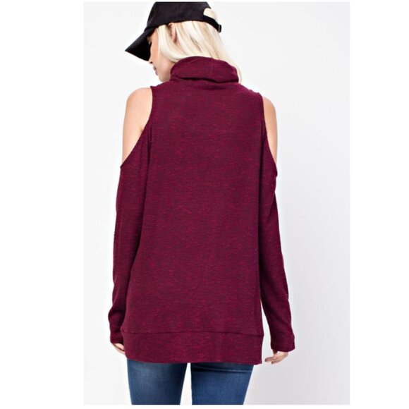 143 Story Burgundy Cold Shoulder Turtle Neck Top TK629 - Picture 5 of 6
